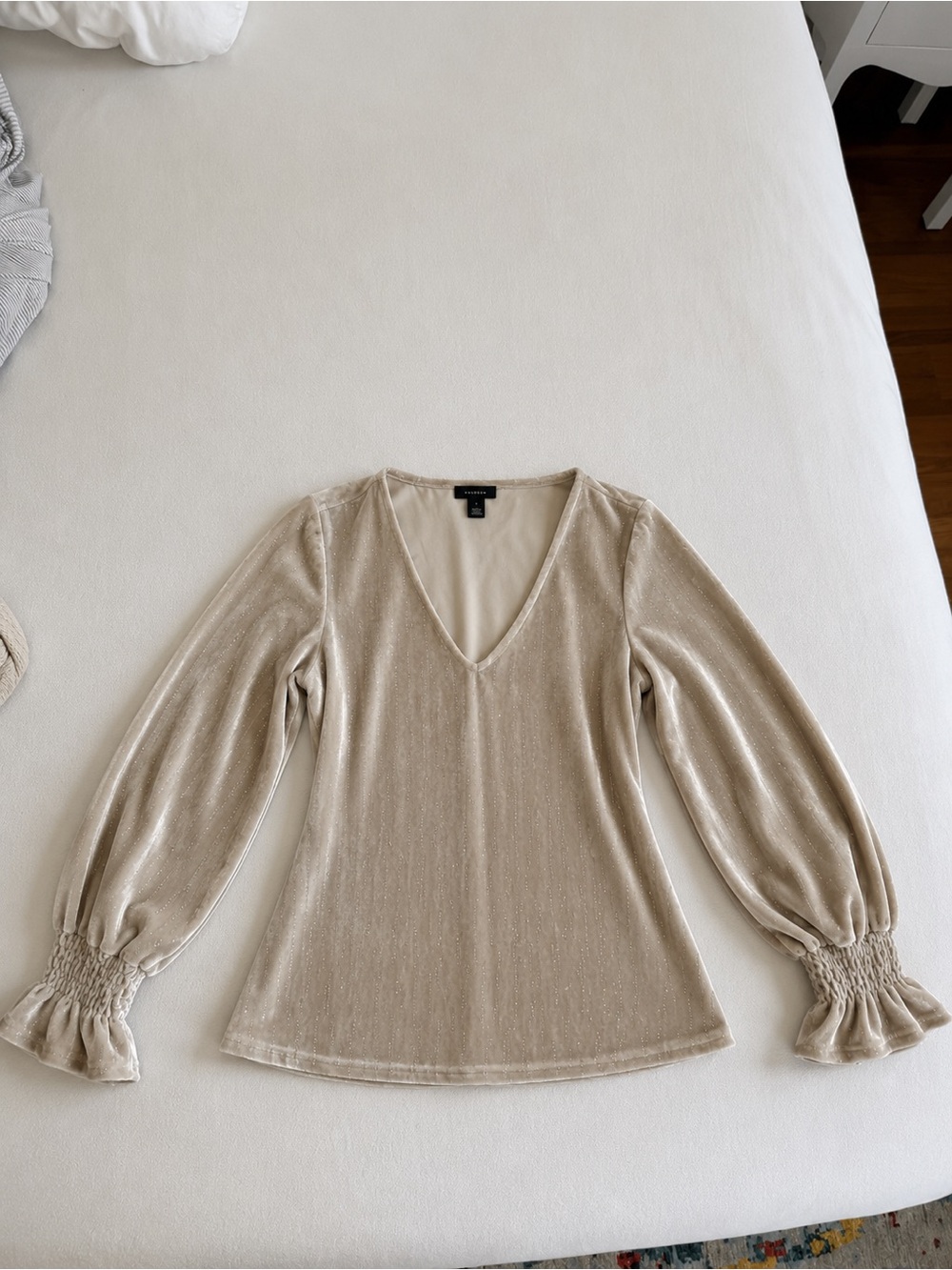 Halogen Beige Velvet V-Neck Long-Sleeve Top
